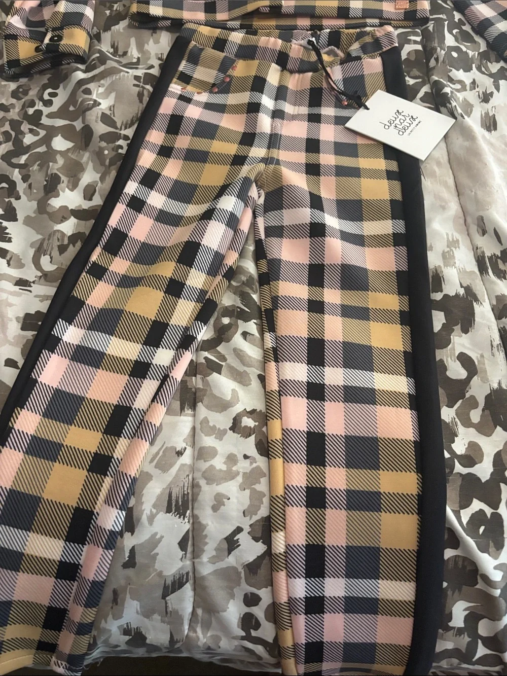 deux par deux Pink, Mustard & Black Plaid Cropped Jacket with Track Pants